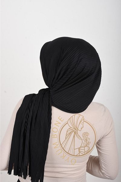OykumBone Black Solid Color Plseli Lycra Ready Shawl