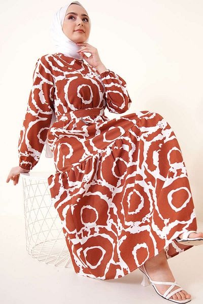 benguen 447 Patterned Hijab Dress Tan