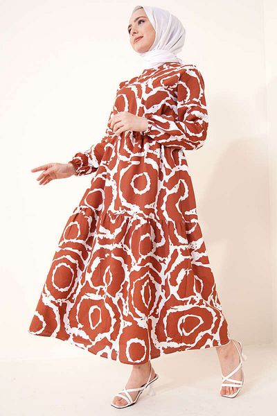 benguen 447 Patterned Hijab Dress Tan