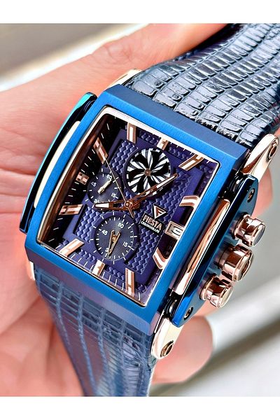 Fiesta Navy Blue Rose Gold Case Steel Case Business Functions Active Men's Wristwatch + Bracelet Gift