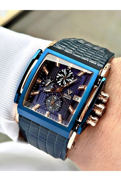 Fiesta Navy Blue Rose Gold Case Steel Case Business Functions Active Men's Wristwatch + Bracelet Gift