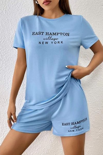MODAGEN Women's Oversize Baby Blue East Hampton Printed Tshirt-shorts Set