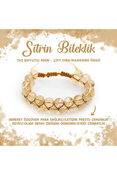 Deniz Doğal Taş Sertifikalı Sitrin 8mm Çift Sıra Makrome Doğal Taş Bileklik