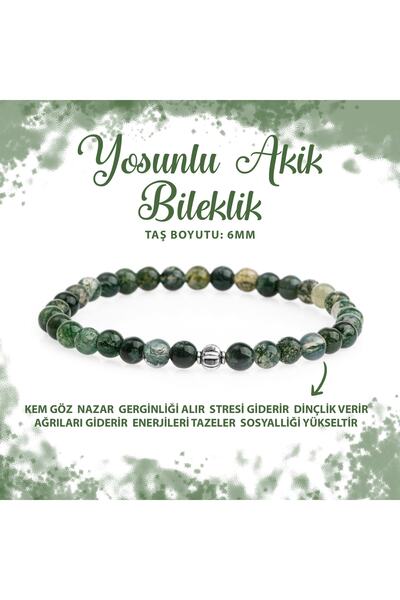 Deniz Doğal Taş Sertifikalı Yosunlu Akik 6mm Doğal Taş Bileklik