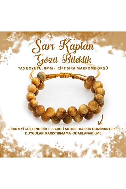 Deniz Doğal Taş Sertifikalı Sarı Kaplan Gözü 8mm Çift Sıra Makrome Doğal Taş ...