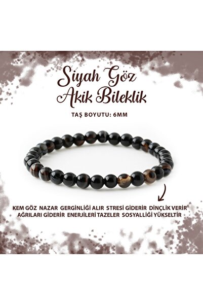 Deniz Doğal Taş Sertifikalı Siyah Göz Akik 6mm Doğal Taş Bileklik