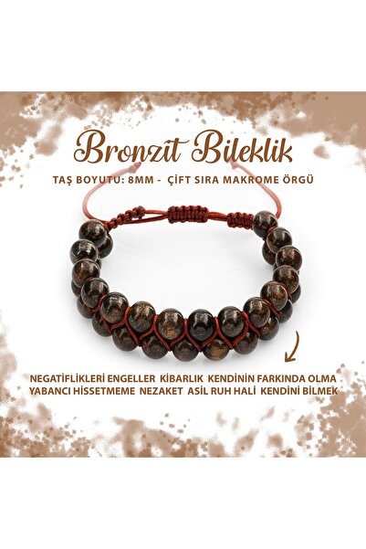 Deniz Doğal Taş Sertifikalı Bronzit 8mm Çift Sıra Makrome Doğal Taş Bileklik