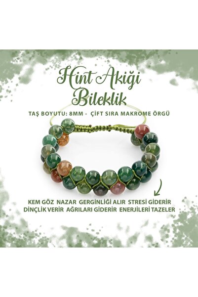 Deniz Doğal Taş Sertifikalı Hint Akiği 8mm Çift Sıra Makrome Doğal Taş Bileklik