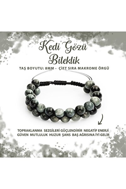 Deniz Doğal Taş Sertifikalı Kedi Gözü 8mm Çift Sıra Makrome Doğal Taş Bileklik