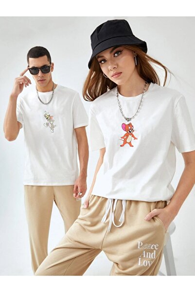 SANTAMİNA تي شيرت أبيض للجنسين بطبعة ثنائي توم وجيري للزوجين ورقبة دائرية كبي...