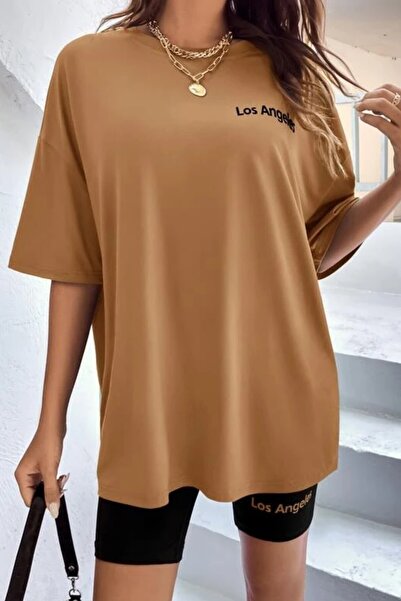 MODAGEN Kadın Oversize Kahverengi Baskılı Tshirt-tayt Takım
