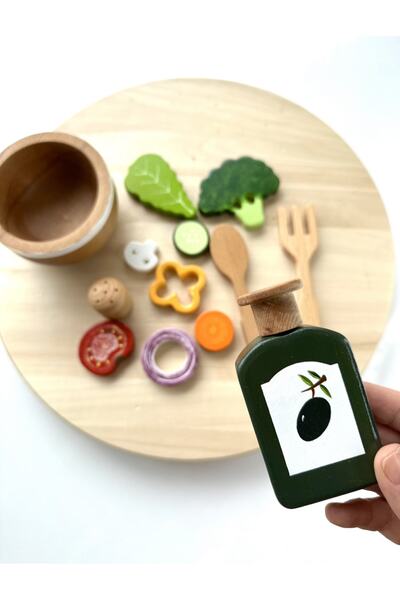 BİLMİŞ ÇOCUK Montessori Waldorf Eğitici Ahşap Oyuncak- Kaseli Salata Oyuncak Eğitici Seti 14 Parça