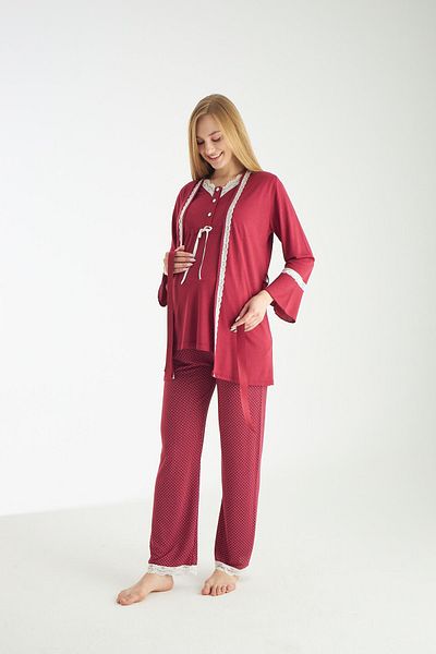 Miss Dünya Lissa Claret Red Polka Dot Patterned Maternity and Maternity Pajamas Set Suitable for Breastfeeding