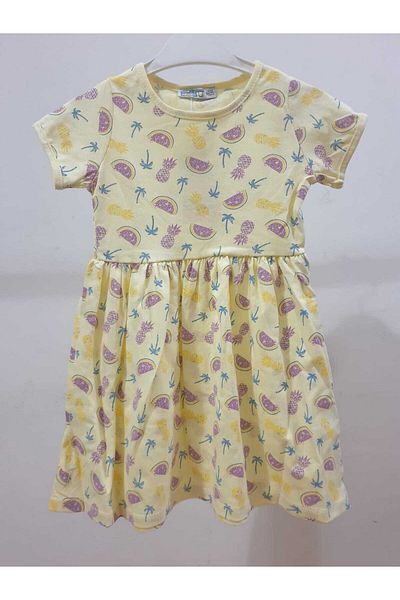 Karınca Girl's Yellow Color Fruit Patterned Combed Cotton Short Sleeve Dress