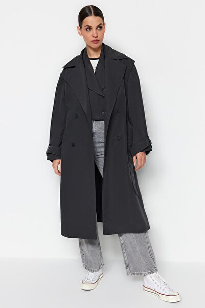 Trendyol Collection Trench Coat - Gray - Double-breasted