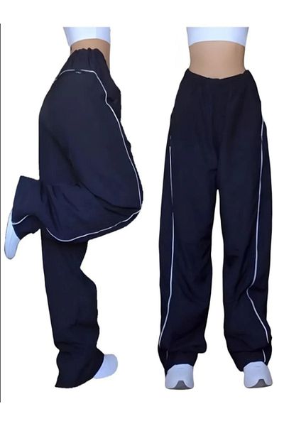 Gofeel Navy Blue Unisex Parachute Fabric Baggy Trotters Oversize Sweatpants with Adjustable Waist Elastic Legs