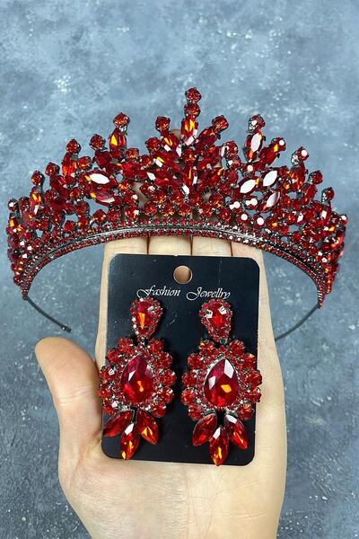 ESPEREST Coroană de mireasă cu henna și cercei cu model Rio Stone roșu