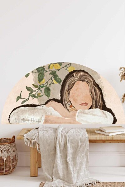 Sticker Ekspres Bohem Kadın Ve Limon Dalları Yarım Daire Duvar Sticker