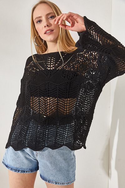 Olalook Women's Black V Detailed Spanish Sleeve Openwork Blouse BLZ-19002241