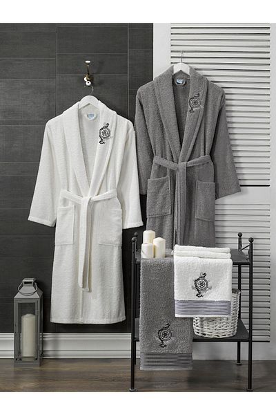 Evanora 100% Cotton Embroidered Head Towel and Bathrobe Set of 4 Dowry Set Turkish Bath Set Bathroom Set