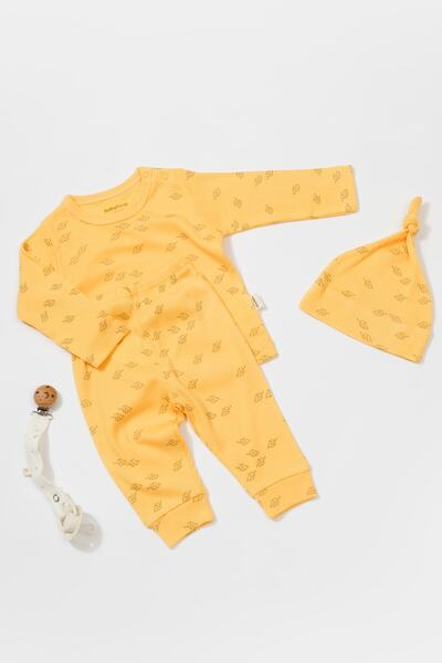 BabyCosy Organik Modal Fil Desenli Şapkalı 3'lü Bebek Takım Set