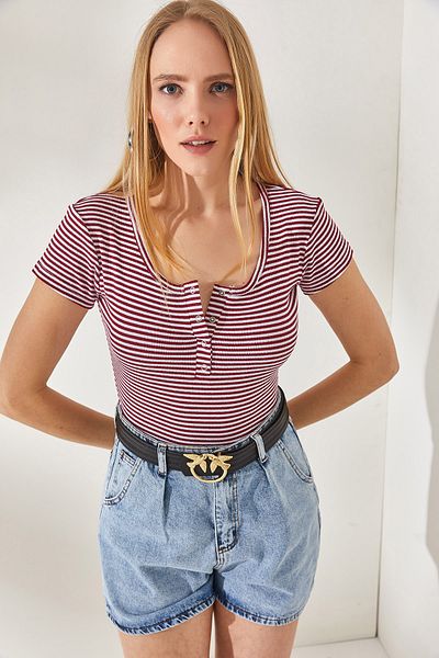 Olalook Gestreifte, bordeauxrote Camisole-Bluse zum Anstecken für Damen BLZ-19000171