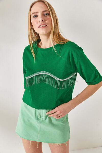 Olalook Women's Grass Green Chain Garnished Oversize T-Shirt TSH-19000697