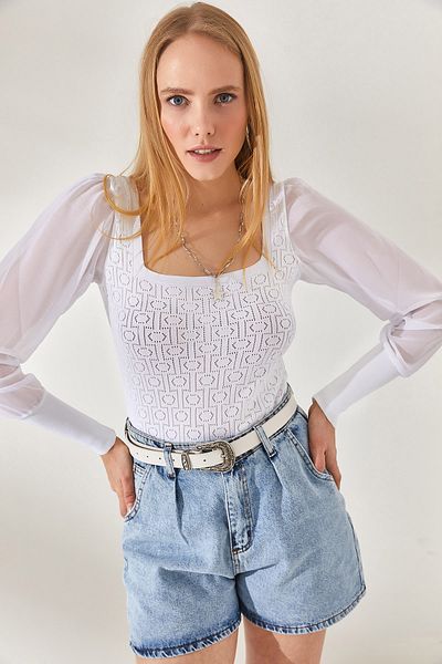 Olalook Bluză de damă cu mânecă albă din tul ajurat tricotat BLZ-19002244