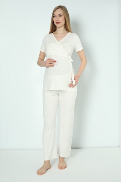Miss Dünya Lissa White Maternity and Maternity Pajamas Set Suitable for Breastfeeding