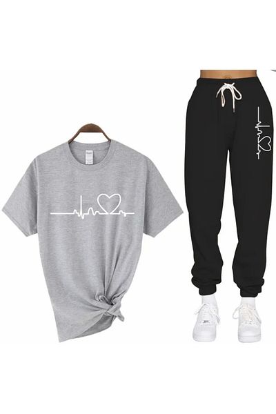 BE QUEEN Ειδικής παραγωγής White Heartbeat Printed κοντομάνικο σετ καλοκαιρινής γυναικείας φόρμας