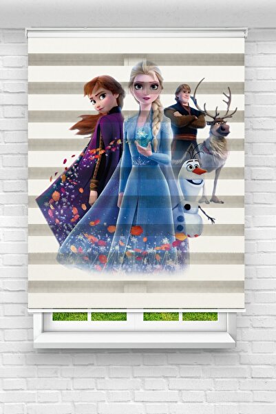 Genel Markalar Çocuk Odası - Sevimli Kahramanlar Elsa Ve Anna Baskılı Zebra Perde