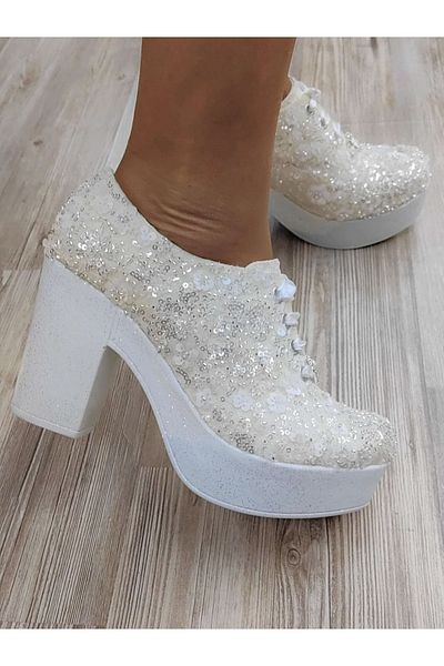 Ayakkabı Tutkusu Stilo ® Heeled Bridal Shoes Ivory Glitter Heeled Light Comfortable Shoes