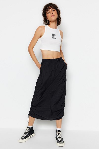 Trendyol Collection Fustă midi țesută neagră Parachute Fabric TWOSS23ET00360