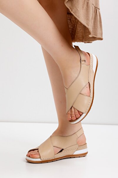 en7 Beige Women's Genuine Leather Sandals