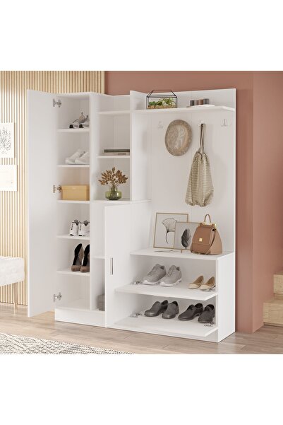 L'occi Concept Jador Aynalı Askılı Kapaklı Vestiyer Ayakkabılık Portmanto Raf Beyaz