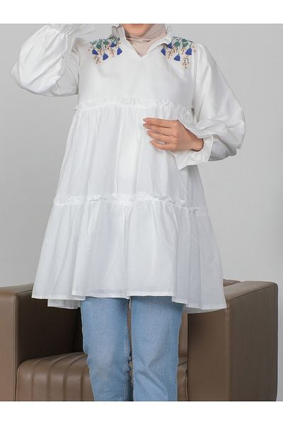 Modamorfo Embroidered Lined Tunic with Elastic Sleeves and Shoulders