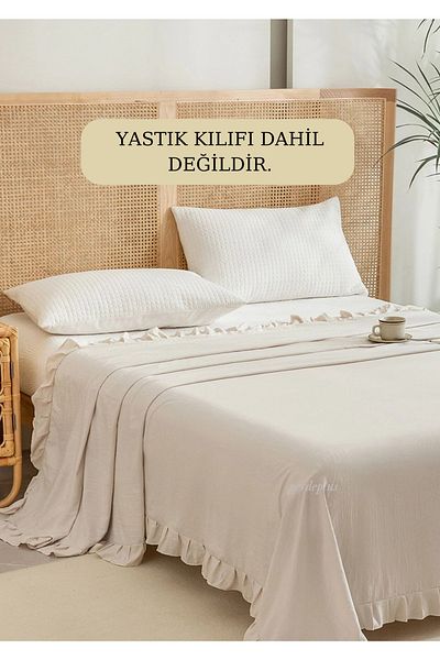 Perdeplus Bedspread Cotton Linen Frilly Beige