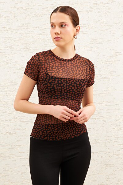 modavingo Bluză transparentă din tul, cu mâneci scurte, cu guler cu pete, mar...