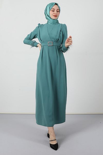 Giza Giyim Φόρεμα Hijab με λεπτομέρεια με πούπουλα Mint