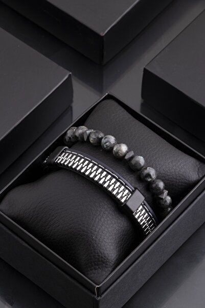 Sortie Aksesuar مجموعة أساور للرجال من الجلد الطبيعي والهيماتيت الطبيعي 064