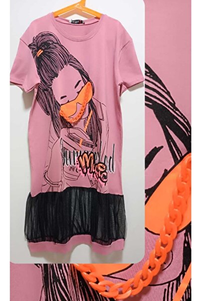 Elvinsa فستان بناتي بتصميم رسمي مطبوع عليه سلسلة برتقالية وتفاصيل من التول ال...