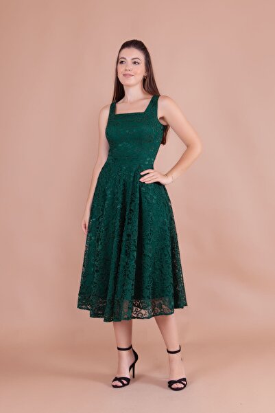 Bidoluelbise Fransız Dantel Kare Yaka Midi Boy Kolsuz Kalın Askılı Abiye & Davet & Mezuniyet Elbisesi