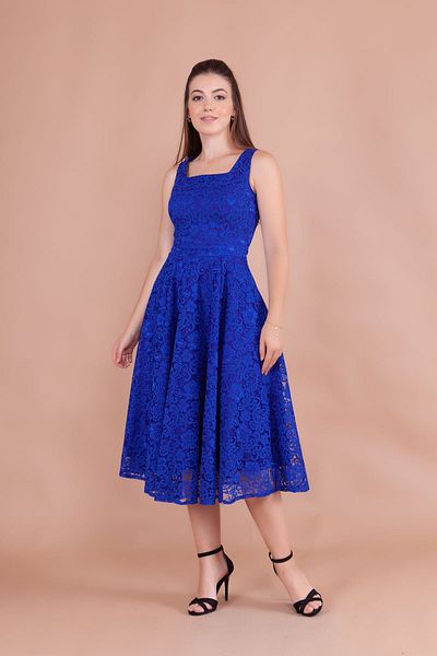 Bidoluelbise French Lace Square Collar Midi Length Sleeveless Thick Strap Evening & Invitation & Graduation Dress