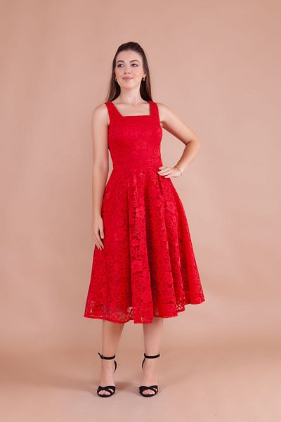 Bidoluelbise French Lace Square Collar Midi Length Sleeveless Thick Strap Evening & Invitation & Graduation Dress