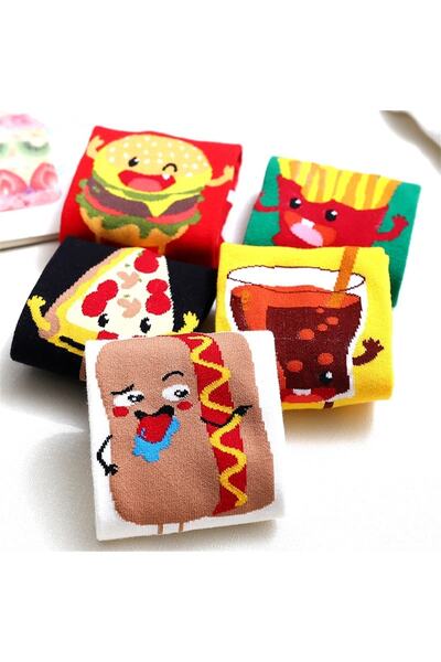çorapmanya 5 Pairs New Funny Happy Cartoon Foods Series Pizza Fries Hamburger Cola Hot Dog Pattern