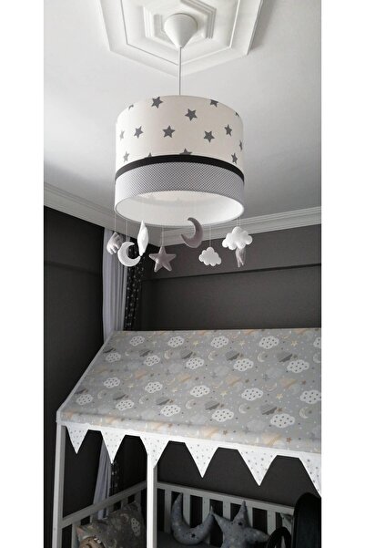 Leobabyroom Beyaz Üzeri Gri Yıldız Gri Şeritli Puantiye Desen Çocuk/bebek Oda...