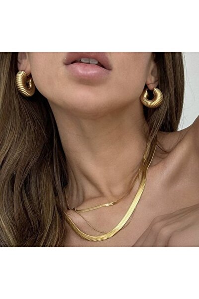 Jadenne 3lü Set Vintage Model Italyan Ezme Zincirli 14 Ayar Altın Kaplama Öze...