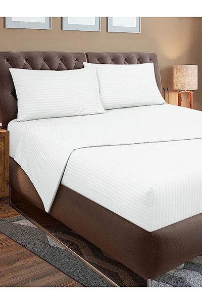 VESSİNOHOME Set de husă de pilota cu dungi din satin de bumbac, cu cearșafuri elastice, din bumbac alb de lux