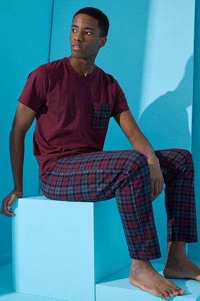Pijamaevi Claret Red Many τετράγωνα καρό μοτίβο κοντομάνικο ανδρικό σετ πιτζάμες
