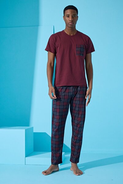Pijamaevi Claret Red Many Square Plaid Patterned Short Sleeve Men's Pajama Set